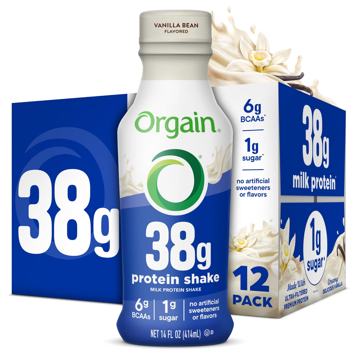 Orgain 38g High Protein Grass-Fed Shake, 6g BCAAs, Chocolate, 14 oz, 12pk | Ready to drink dairy isolate milk protein, meal replacement, 1g sugar per serving, keto friendly, gluten free