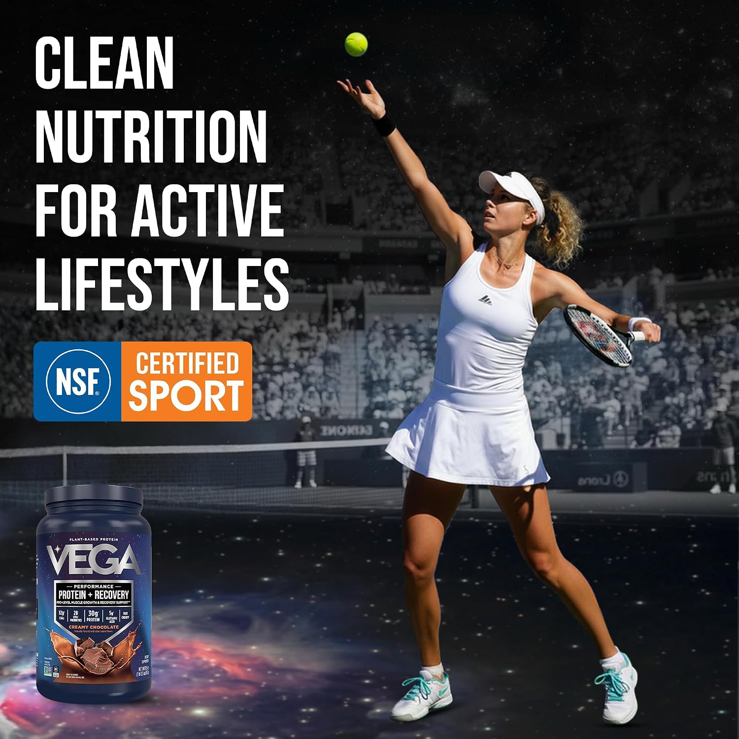 Vega Protein + Recovery, Chocolate – 30g Vegan Protein, Dairy & Gluten Free, Probiotics, NSF Certified, 28.8 oz (19 Servings)