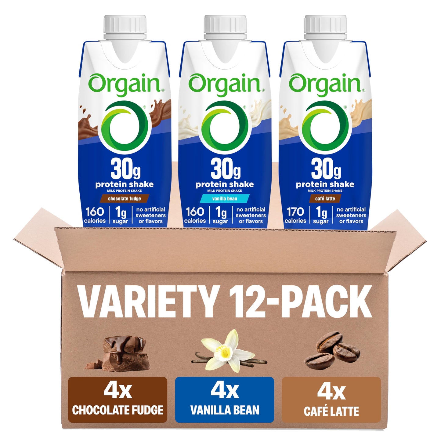 Orgain 38g High Protein Grass-Fed Shake, 6g BCAAs, Chocolate, 14 oz, 12pk | Ready to drink dairy isolate milk protein, meal replacement, 1g sugar per serving, keto friendly, gluten free