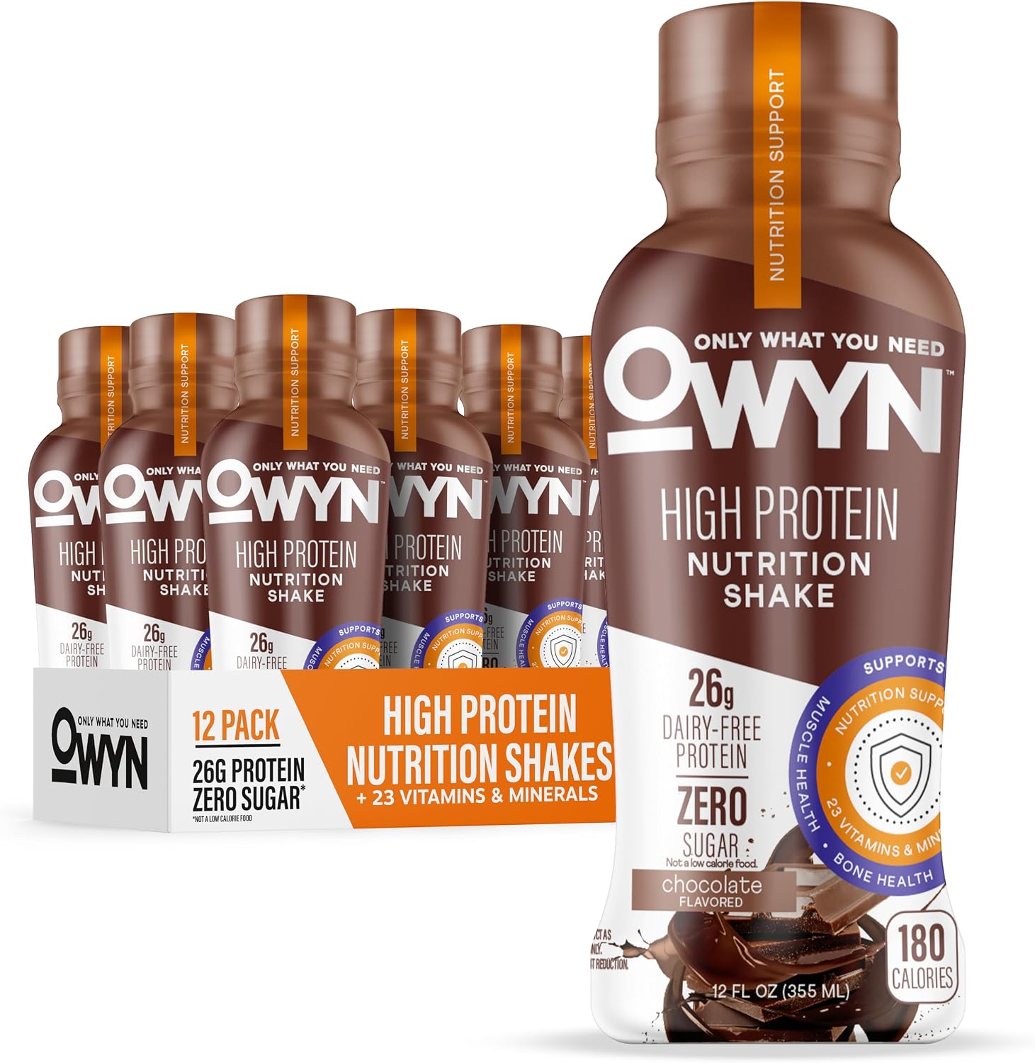 OWYN Only What You Need 26g High Protein Shake, Chocolate Flavored, 12 Ct | 26g Protein, Zero Sugar, 3g Fiber, Dairy Free, Plant Protein, Gluten Free, 12fl oz Bottles, 23 Vitamins and Minerals