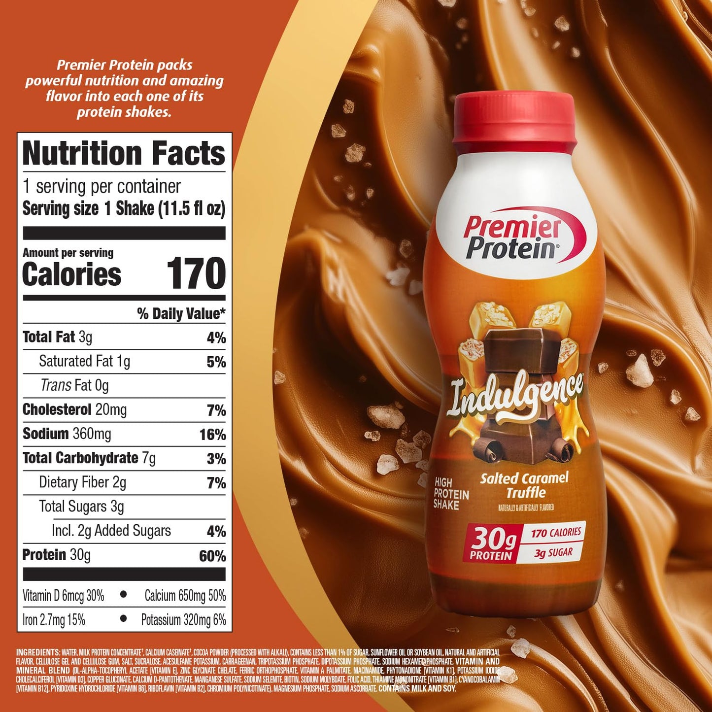 Premier Protein INDULGENCE 30g Shake, Salted Caramel Truffle, 12 Pack | Dessert-Inspired, 170 Calories, 3g Sugar, Supports Muscle Health, Gluten-Free, 11.5 oz (Packaging May Vary)