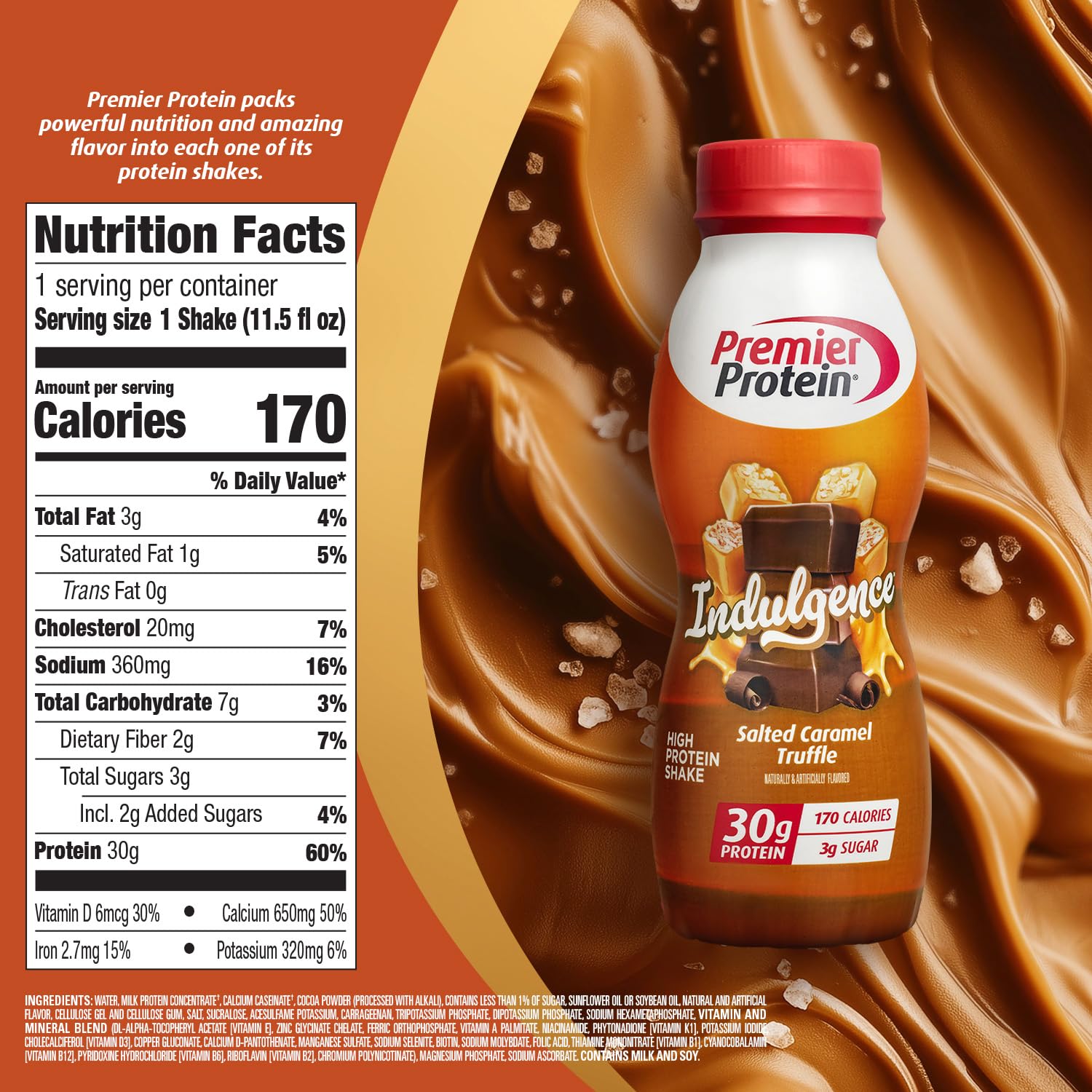 Premier Protein INDULGENCE 30g Shake, Salted Caramel Truffle, 12 Pack | Dessert-Inspired, 170 Calories, 3g Sugar, Supports Muscle Health, Gluten-Free, 11.5 oz (Packaging May Vary)