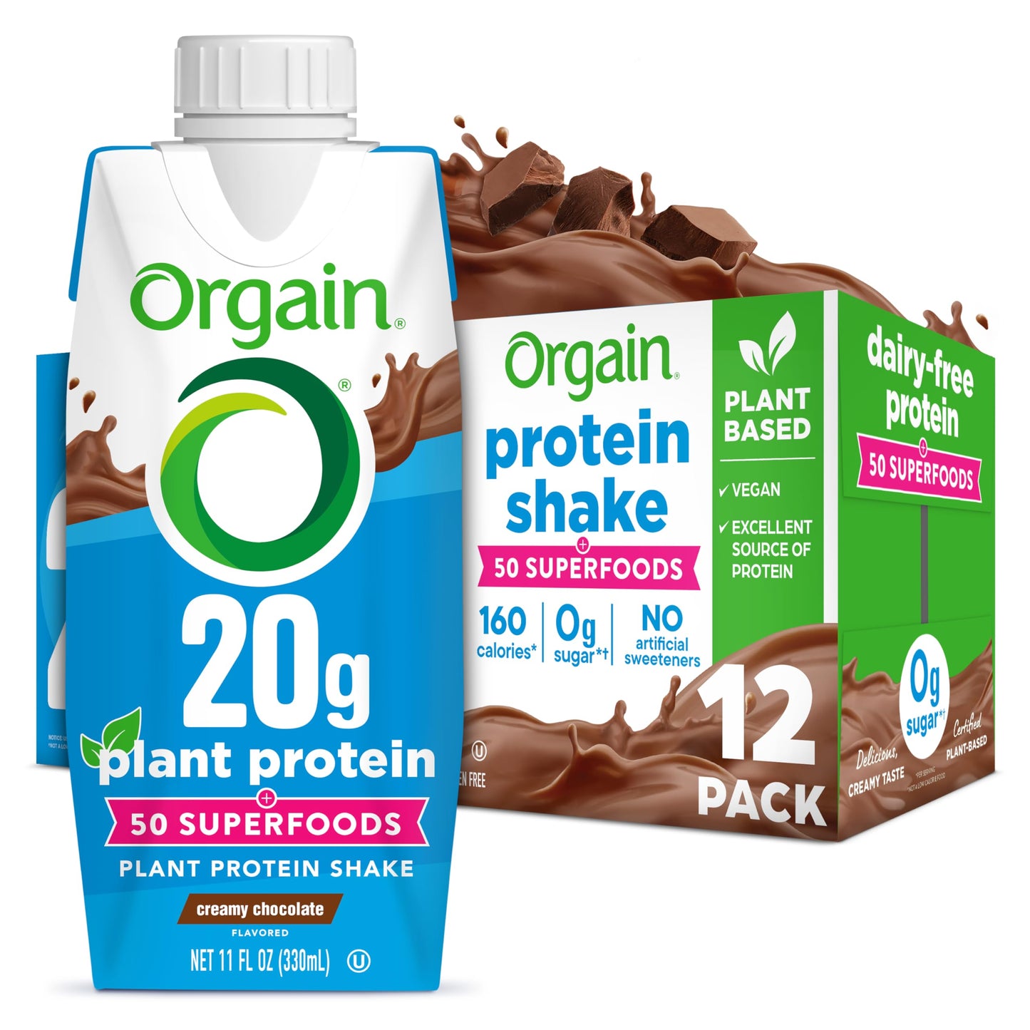 Orgain Organic 20g Vegan High Protein Shake, Chocolate, 11 oz, 12pk | Ready to drink plant based protein, fruits & vegetables, no soy or dairy ingredients, gluten-free, kosher