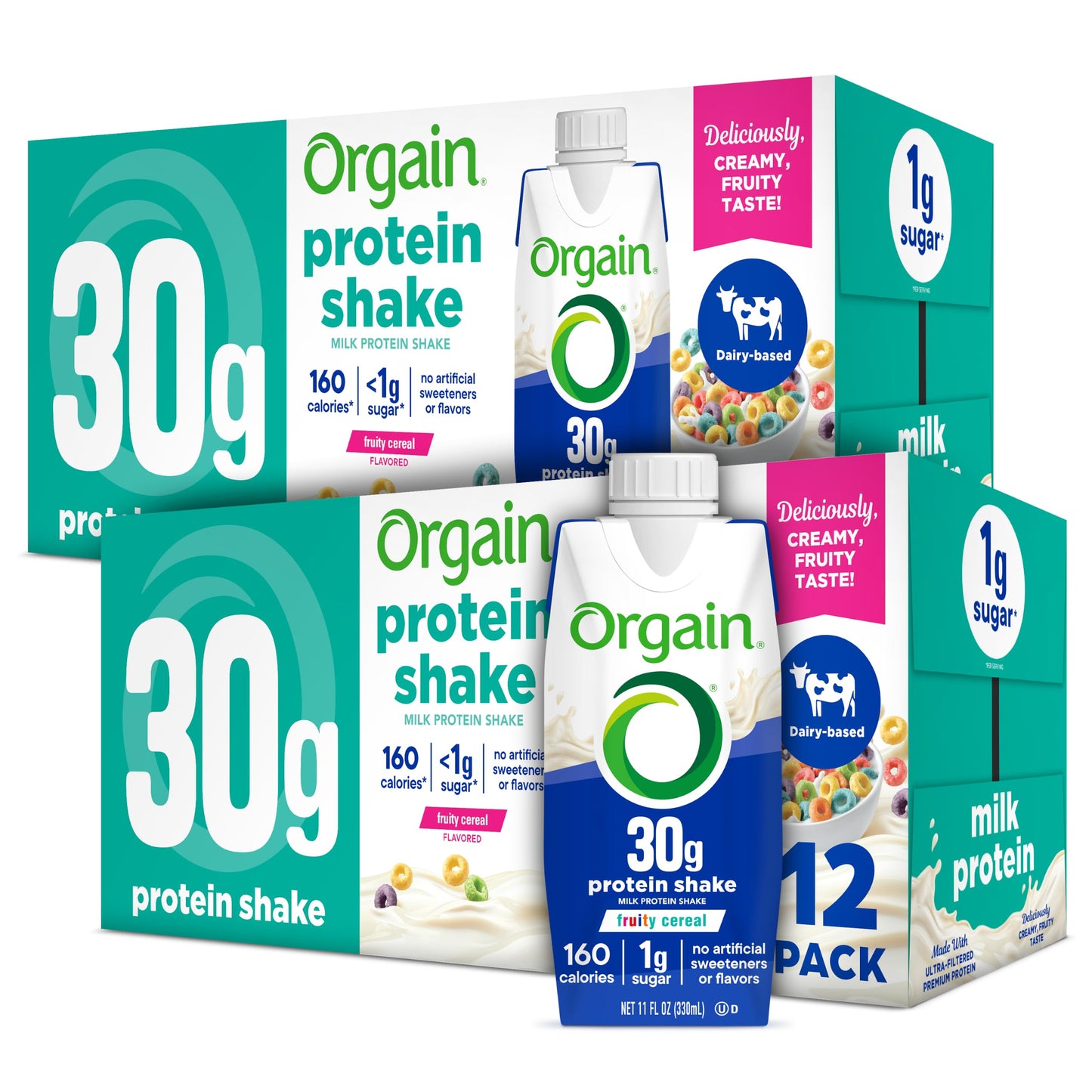 Orgain 38g High Protein Grass-Fed Shake, 6g BCAAs, Chocolate, 14 oz, 12pk | Ready to drink dairy isolate milk protein, meal replacement, 1g sugar per serving, keto friendly, gluten free