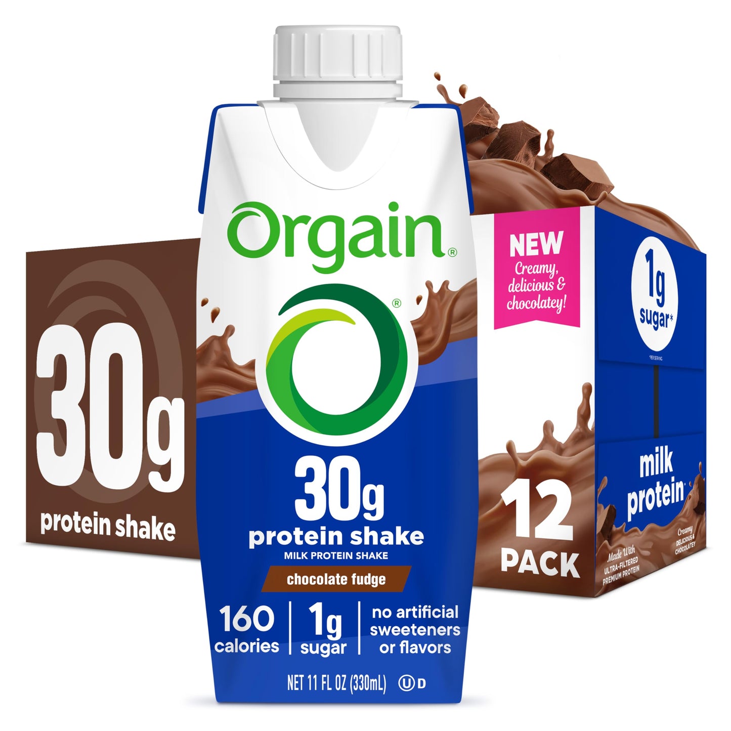 Orgain 38g High Protein Grass-Fed Shake, 6g BCAAs, Chocolate, 14 oz, 12pk | Ready to drink dairy isolate milk protein, meal replacement, 1g sugar per serving, keto friendly, gluten free