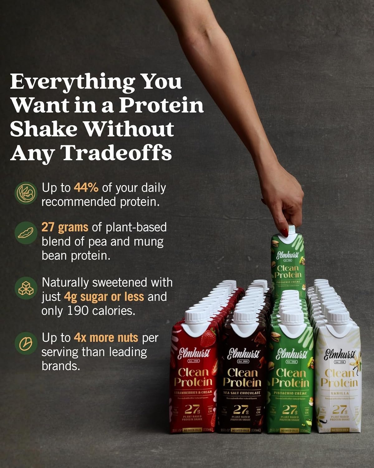 Elmhurst 1925 Pistachio Cream Vegan Protein Shakes, 11 Ounce (12-Pack) | Non-Dairy, Plant-Based Nutritional Shakes Made with 27g Clean Protein & Natural Ingredients for Healthy On-the-Go Treat