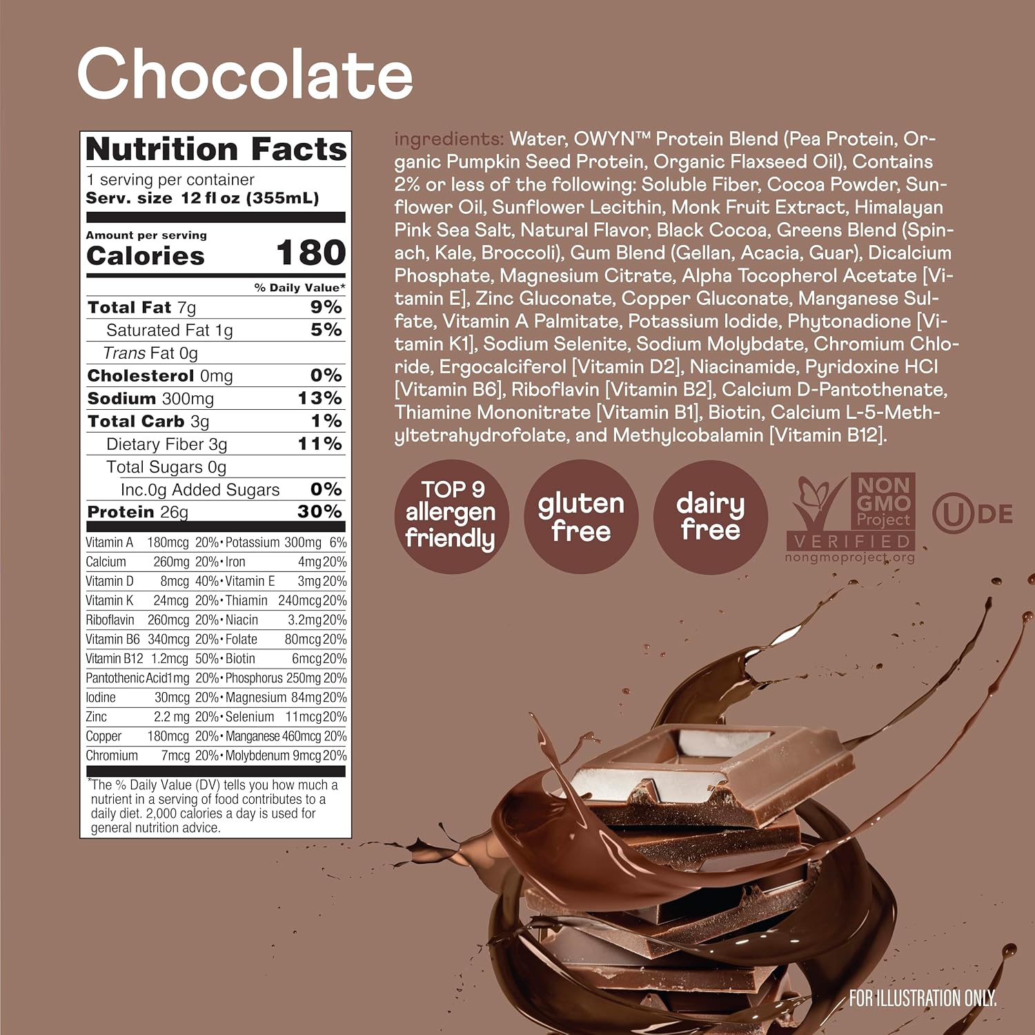 OWYN Only What You Need 26g High Protein Shake, Chocolate Flavored, 12 Ct | 26g Protein, Zero Sugar, 3g Fiber, Dairy Free, Plant Protein, Gluten Free, 12fl oz Bottles, 23 Vitamins and Minerals