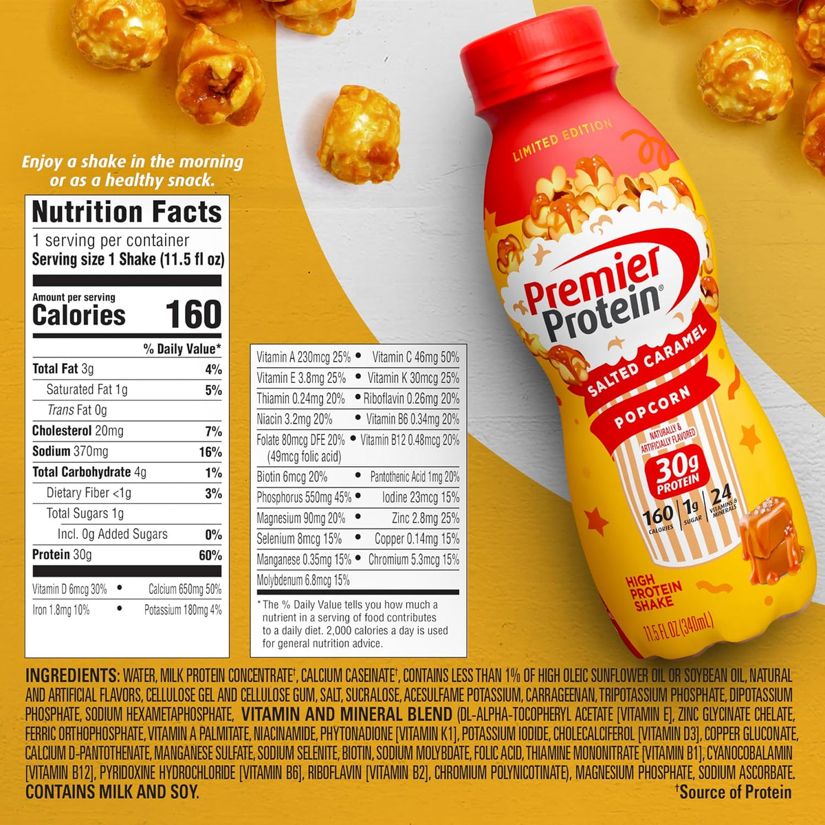 Premier Protein LIMITED EDITION 30g Shake, Salted Caramel Popcorn, 12 Pack